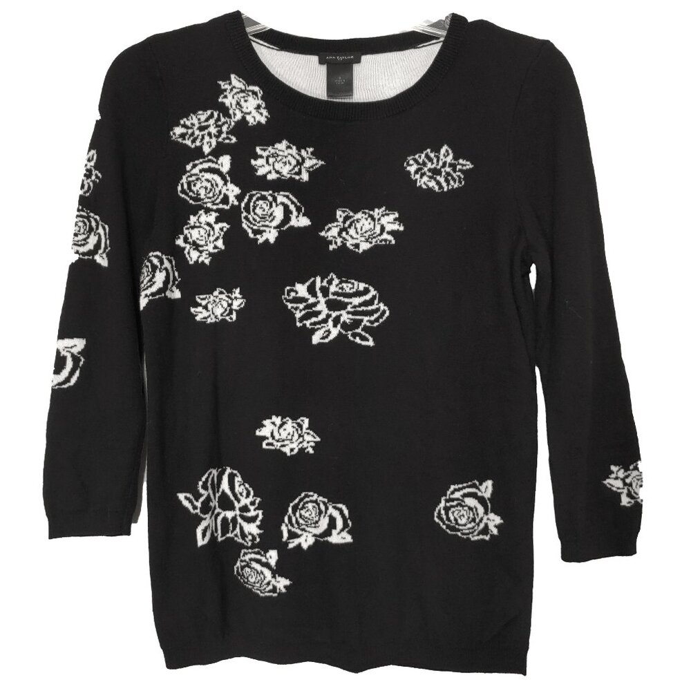 Ann Taylor Black Sweater Corproate Goth Intarsia Cotton Floral Scoop Thin Knit